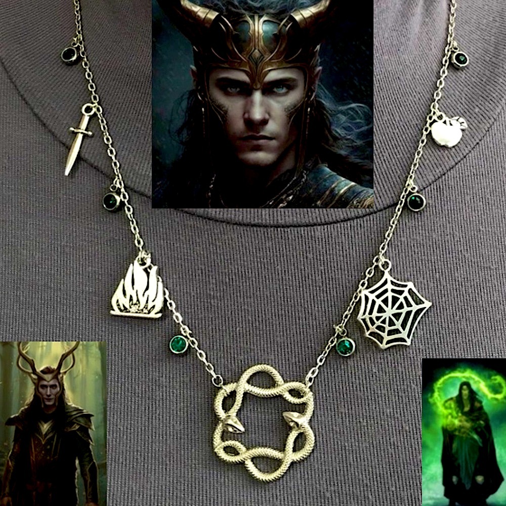 "Loki: God of Mischief" Norse Mythology Handmade Necklace Snakes Fire Spiderweb